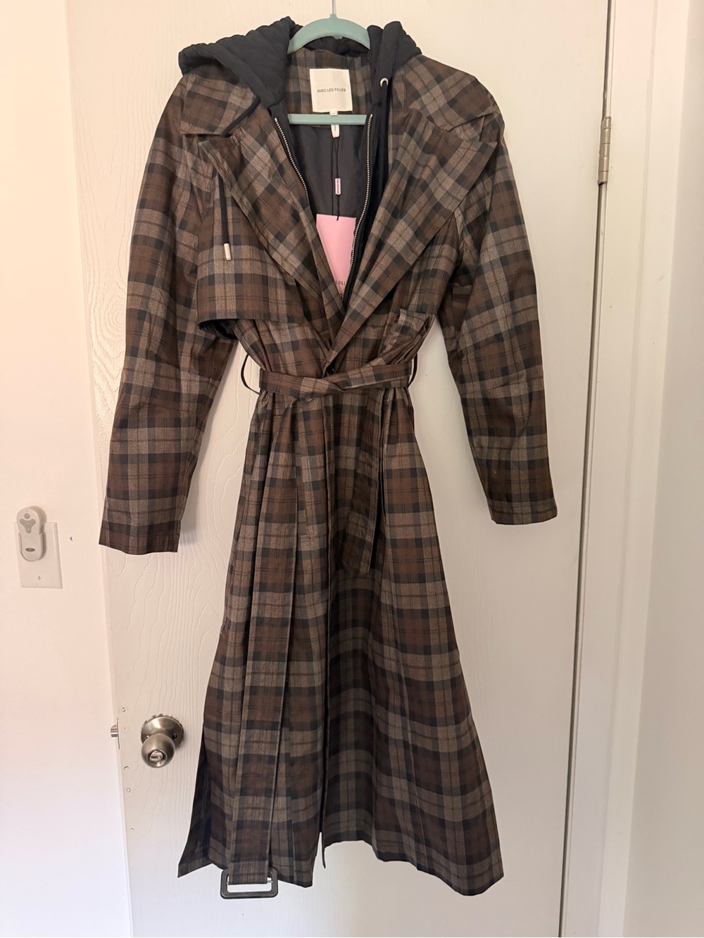 Avec Les Filles Brown & Gray Plaid Belted Trench Coat with Hood